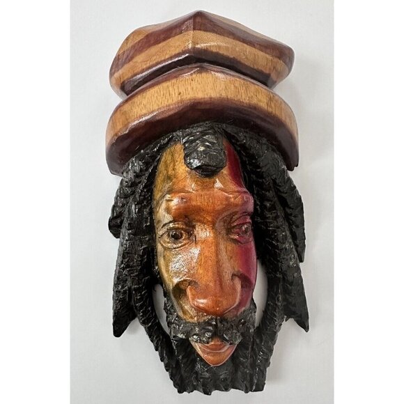 Hand Carved Wooden Bearded Jamaican Rastafarian Wall Decor Folk Art Great Color